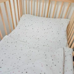 Mušelínové povlečení do postýlky, fialové hvězdy, 90x130+45x60