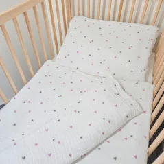 Mušelínové povlečení do postýlky, fialová srdíčka, 90x130+45x60